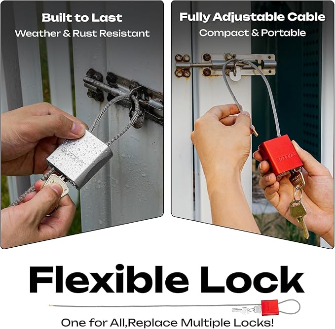 BOZZYS Cable Lock with 3 Keys | L 3.28ft(1m),D 1/6in(4mm) Adjustable Steel Cable Padlock | Aluminum Locks for Bikes, Gate, Lockers & Outdoor Gear | Weatherproof& Silver