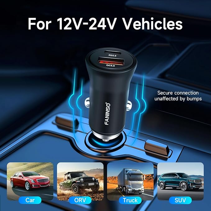 Faninso 60W Car Charger USB C Fast Charge, Aluminum Dual Port Cigarette Lighter Adapter, Car Phone Charger for iPhone 16/15/14 Pro Max Plus, iPad, Samsung Galaxy S24/S23/S22 & More