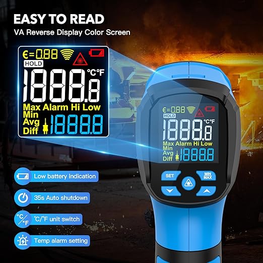 INSTRODOTS Infrared Thermometer Temperature Gun, -40℉ to 2192℉ Dual Laser High Temp Thermometer with LCD Color Display, Non-Contact Industrial Pyrometer 50:1 Distance Ratio, Adjustable Emissivity