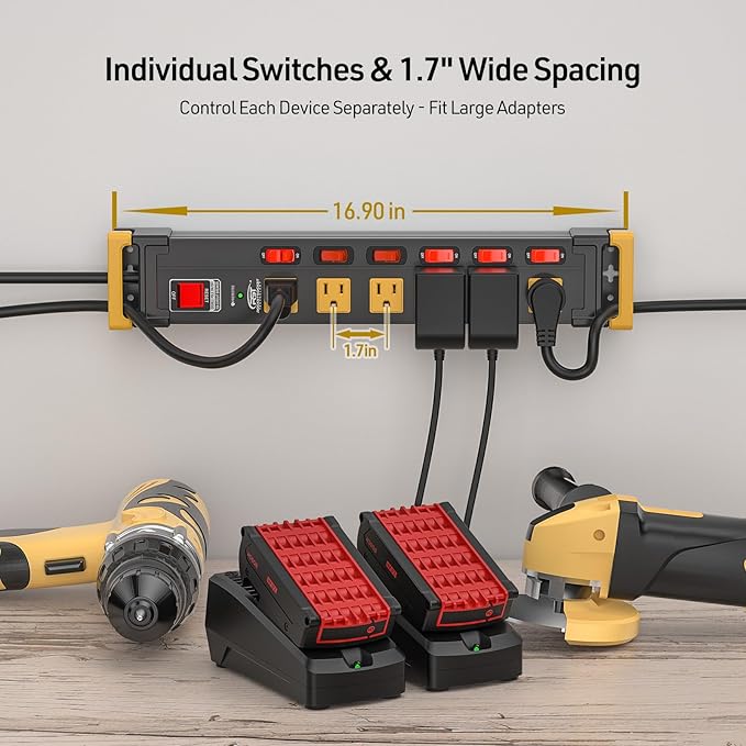 CRST 6-Outlet Heavy Duty Metal Power Strip with Individual Switches, 15A/1875W Wide-Spaced for Bulky Plugs, 6FT Cord with Cable Management, 1020J Surge Protector for Garage, Workshop, Home