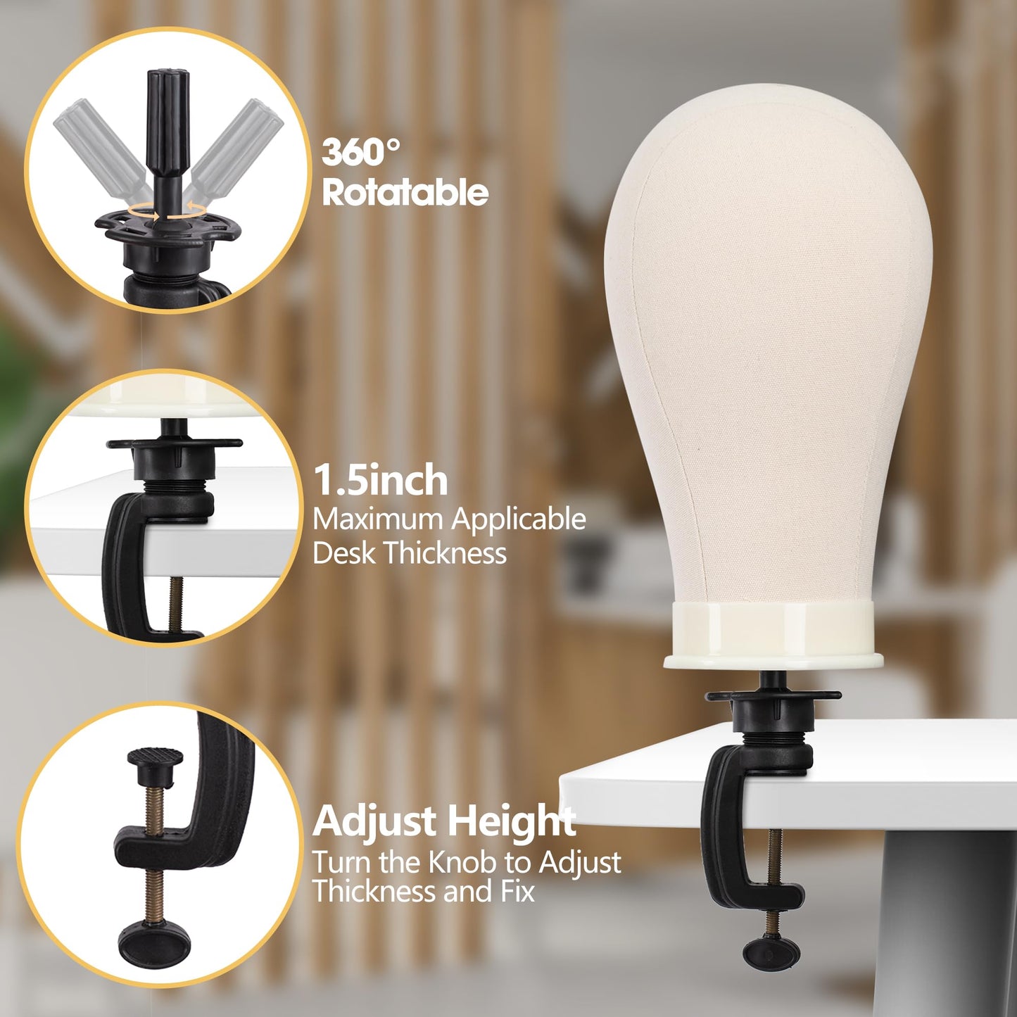 Klvied Desktop Wig Stand Set with 22 Inch Cork Canvas Head, Adjustable 15.4-22.4 Inch Stand, Table Clamp Wig Holder for Wig Display, Trimming and Styling Practice