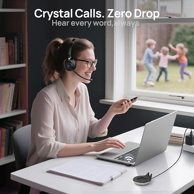 Wireless Bluetooth Headset with Mic for Work - Noise Cancelling Headphones,Over Ear Microphone with 2.4G USB Dongle Mute Button for PC/Laptop/Call Center/Home Office/Zoom/Teams Meeting