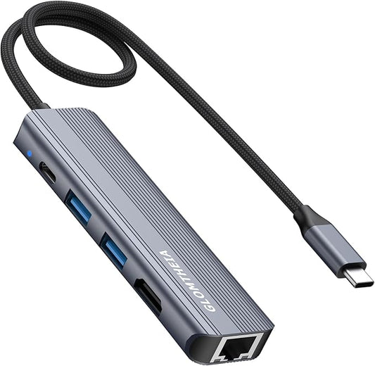 Glomtheia USB C Hub Ethernet HDMI Multiport Adapter for MacBook Pro/Air, iPad, Laptop Dock with 5Gbps USB A/C, 1Gbps RJ45 Gigabit Ethernet, 4K 30Hz HDMI, 100W Pass Through Charging