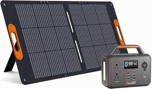 ALLWEI 300W Solar Generator with 100W Solar Panel Included, 256Wh Portable Power Station with AC Outlet USB Port, Solar Powered Battery Generator for Outdoor Camping, Home Backup, Power Outage
