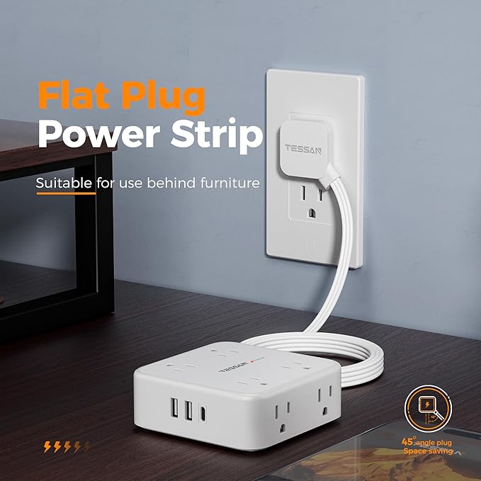 TESSAN Surge Protector Power Strip, 15 Ft Flat Plug Extension Cord with 3 USB (1 USB C 20W PD) 8 Outlets, 1250W, 900J Protection, 3 Sided Outlet Extender with Power Switch for Office, Dorm Room, White