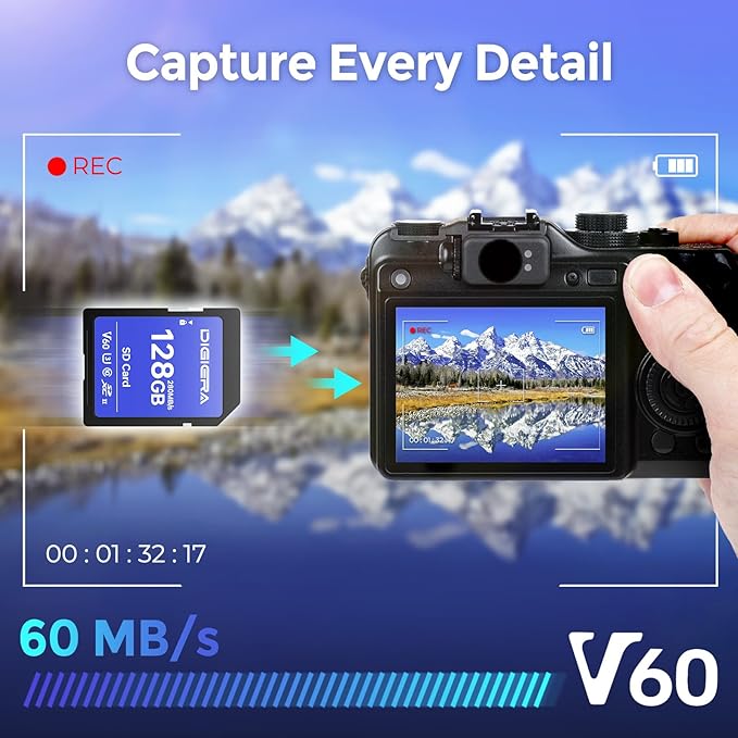 DIGIERA 128GB LSU100 SDXC UHS-II Memory Card - up to 280MB/s, C10, U3, V60, 6K, SD Card for Computers, Digital Cameras, Home Theatre Devices, Car Navigation Systems (1 Pack)