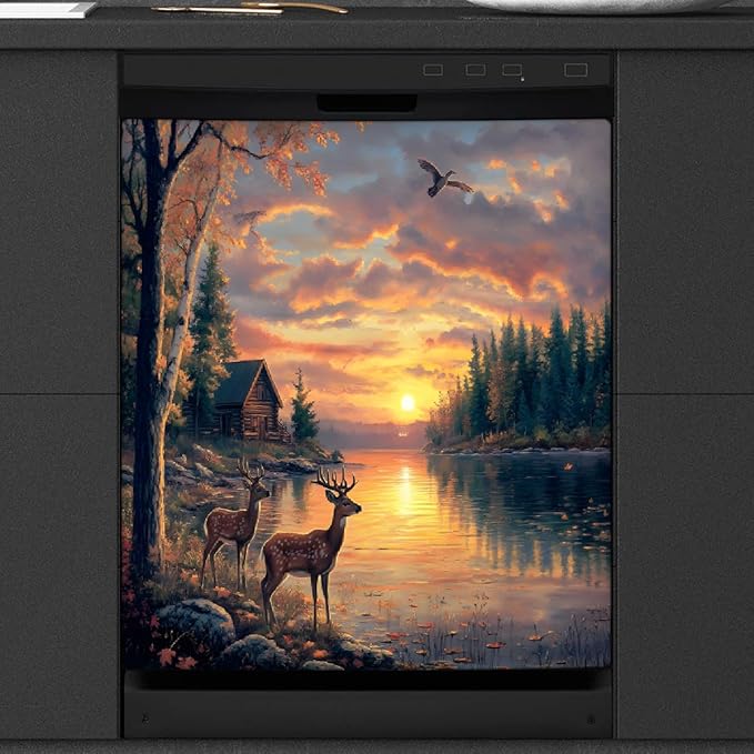 Autumn Lake Deer Sunset Dishwasher Magnet Cover for The Front Magnetic Dishwasher Door Covers Dish Washer Sticker Wrap Home Decorative Appliances Panel Decal Kitchen Decor 23" x 26" (Magnetic)