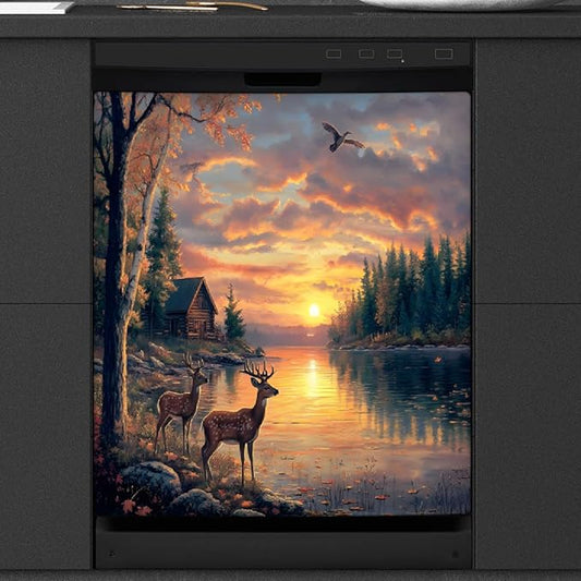 Autumn Lake Deer Sunset Dishwasher Magnet Cover for The Front Magnetic Dishwasher Door Covers Dish Washer Sticker Wrap Home Decorative Appliances Panel Decal Kitchen Decor 23" x 26" (Magnetic)
