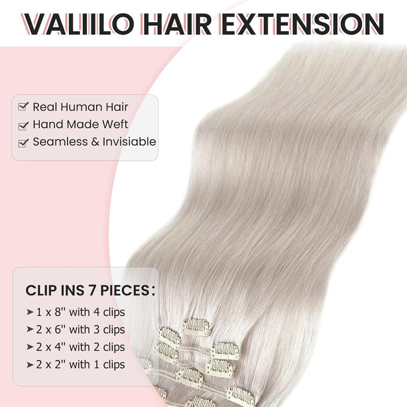 Real Human Hair Clip-In Extensions - Ice White Remy, 18 Inch, 7 Pieces, 70G