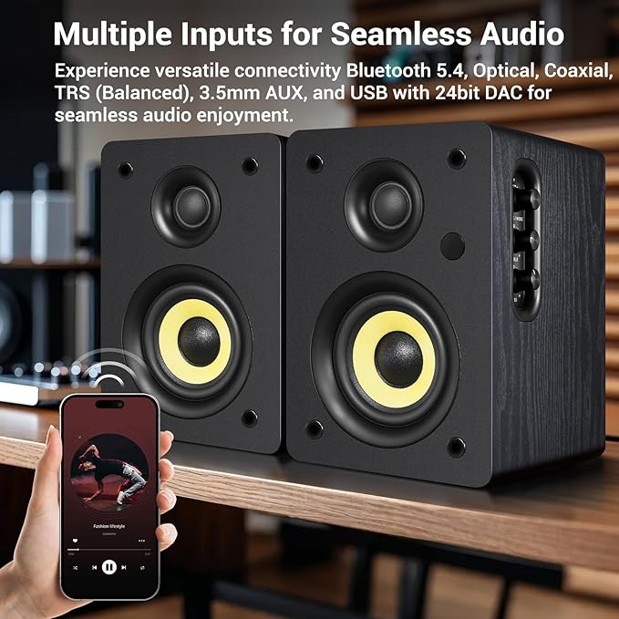 Sanyun SW206 80W Active Dual-Mode Bookshelf Speakers, 4” Studio Monitor & HiFi Mode, Upgraded 3D Sound Field, 6.35mm TRS Balanced, Bluetooth 5.4, Optical Coaxial Aux USB 24bit DAC, Black