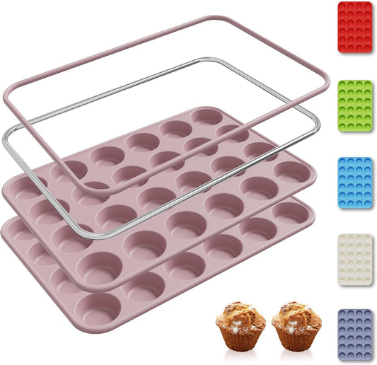 Skiennix Mini Muffin Pan Set - 2 Pack Silicone Molds with Metal Reinforced Frame | Non-Stick, Oven Safe