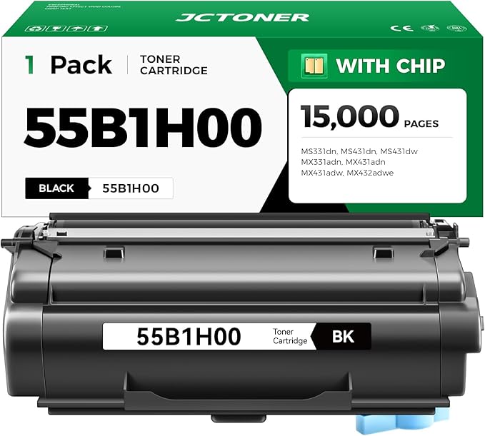 JCTONER 55B1H00 Toner Cartridge Black High Yield with Chip 15,000 Page-Yield Replacement for MS331dn MS431dn MS431dw MX331adn MX431adw MX431adn MX432adwe MS331 MS431 MX331 MX431 Laser Printer 55b1000