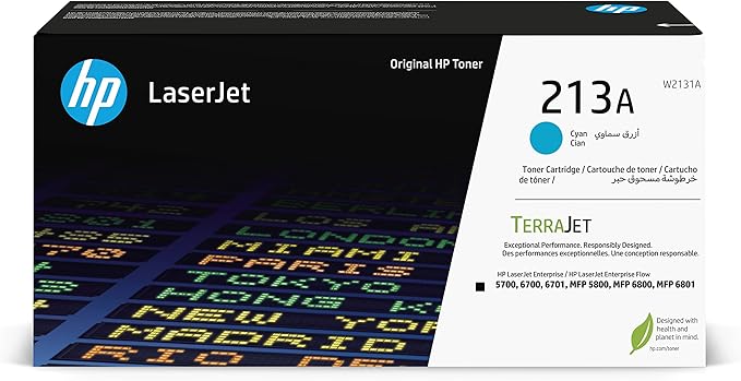 HP 213A Cyan Original LaserJet Toner Cartridge, W2131A. Works LaserJet Enterprise 5700, 5800, 6700, 6701, 6800, 6801