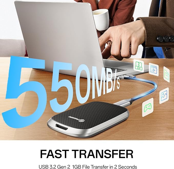 PHIXERO Portable Extern SSD 2TB Up to 550MB/s, USB 3.2 Gen 2 USB C to C&A for Smartphone/Tablet/PC/Laptop/Camera (Black)