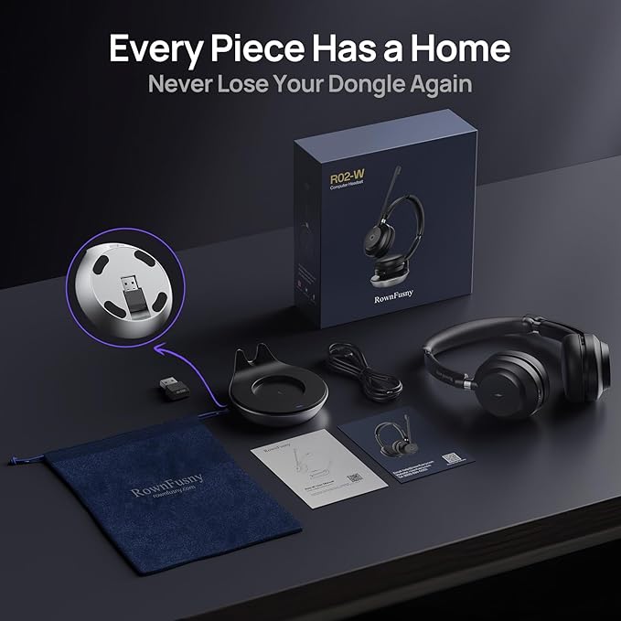 Wireless Bluetooth Headset with Mic for Work - Noise Cancelling Headphones,Over Ear Microphone with 2.4G USB Dongle Mute Button for PC/Laptop/Call Center/Home Office/Zoom/Teams Meeting