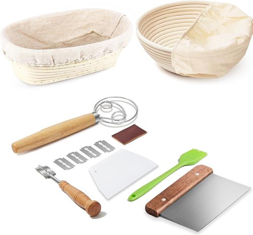 Dimpola Banneton Bread Proofing Basket Set - Handmade Rattan Sourdough Bowls (Oval & Round)