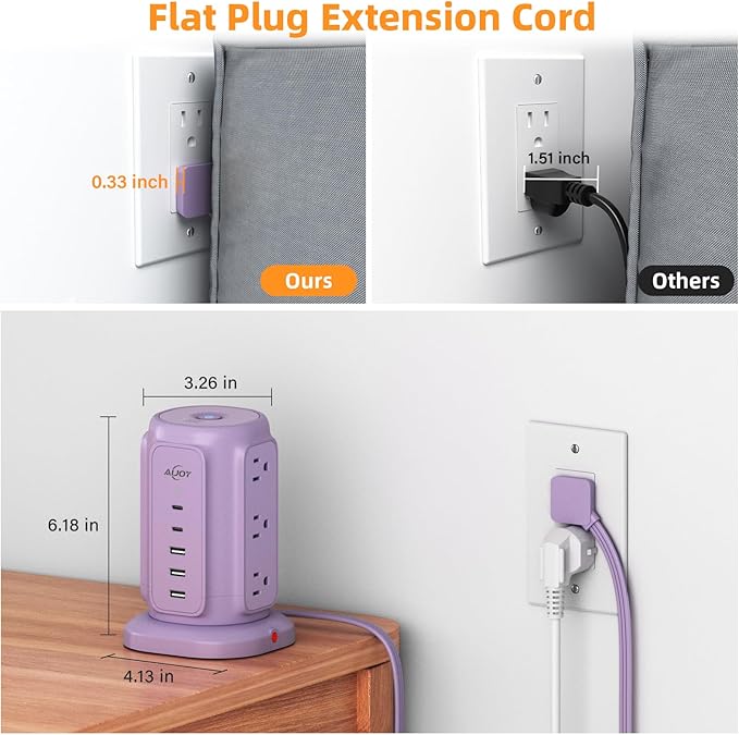 AiJoy Flat Plug Power Strip Tower with 9 AC Outlets and 5 USB Ports