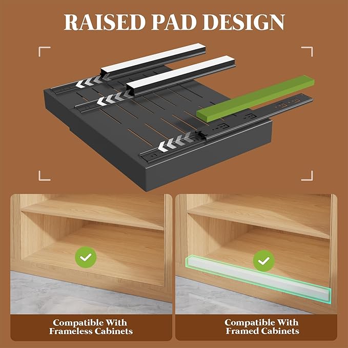 4 Pack Expandable Pull Out Cabinet Organizer 21"Deep With Raising Pad for Framed Cabinets,Upgrade 3 Slide Rails Slide Out Drawers,No Drill Roll Out Shelves,Adjustable Width 15.1"-26.3" Black
