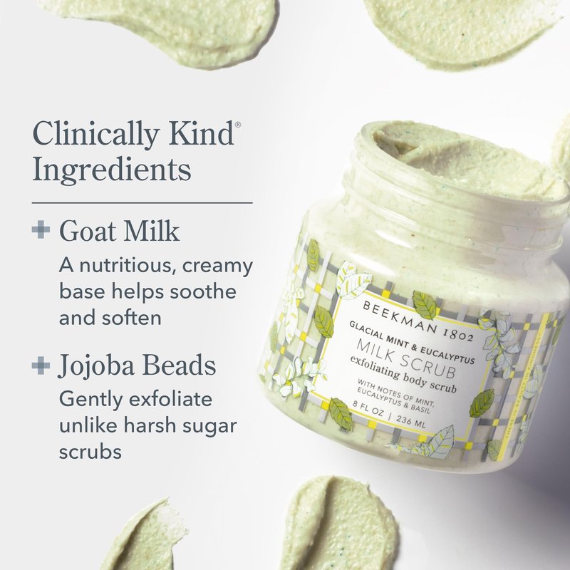 Beekman 1802 Glacial Mint & Eucalyptus Exfoliating Milk Body Scrub - 8.0 fl oz - Smooths & Evens Out Tone - With Goat Milk & Jojoba Beads - Skin Barrier Safe - Good for Sensitive Skin - Cruelty Free