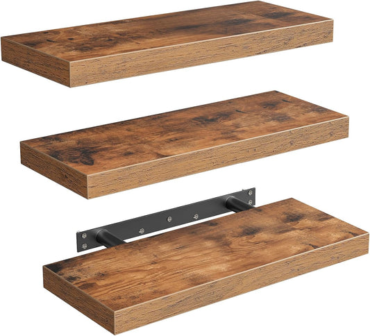 RALGEND Floating Wall Shelves - Set of 3 Rustic Brown 1.5" Thick with Invisible Brackets | 15.7L x 7.9W for Home Decor