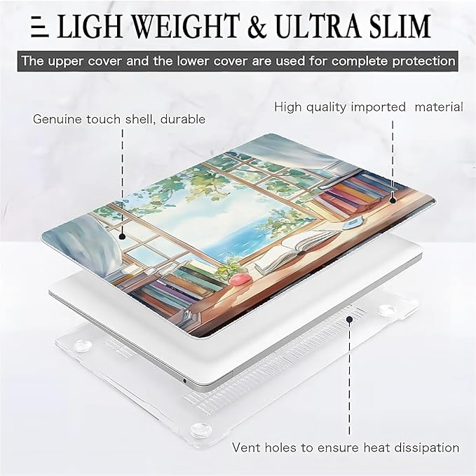 COTAIL Compatible with MacBook Air 13.3 13.6 Inch Case 2022 2021 2020 2019 Plastic Hard Shell Case Cover,13.3 Pro(A1706/A1708/A1989/A2159/A2289/A2338), Books and a Window