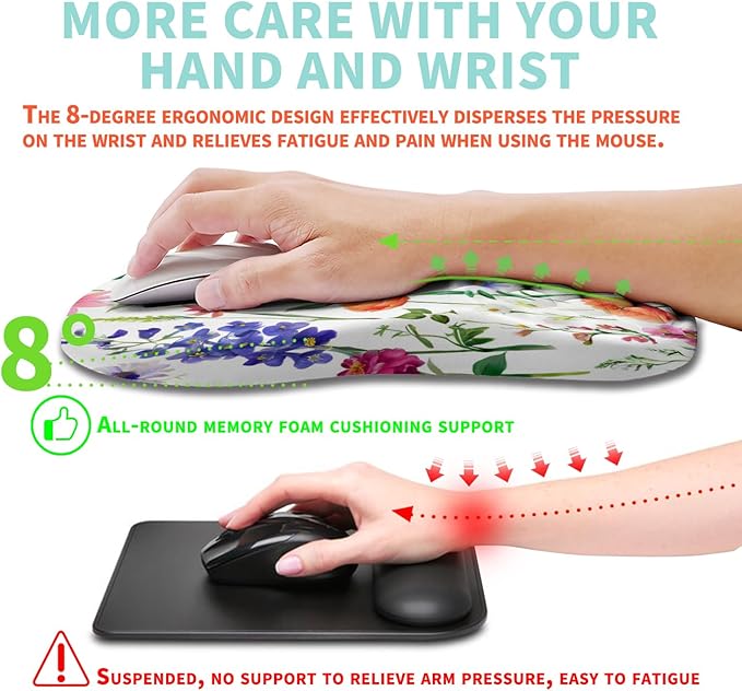 Kuosgm Ergonomic Mouse Pad Wrist Support with Memory Foam Massage Bulge, Carpal Tunnel Pain Relief Mousepad Wrist Rest for Mouse(12x8 inch, Flowers)