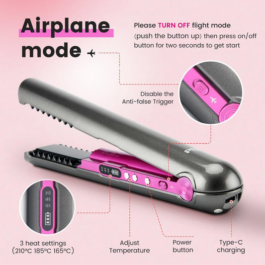 Flat Iron Cordless, Mini Hair Straightener and Curler for On The Go, Portable Travel Size USB-C Rechargeable Dual Voltage Straightening Iron for Thin Straight Fine Hair with Charging Dock (Black)