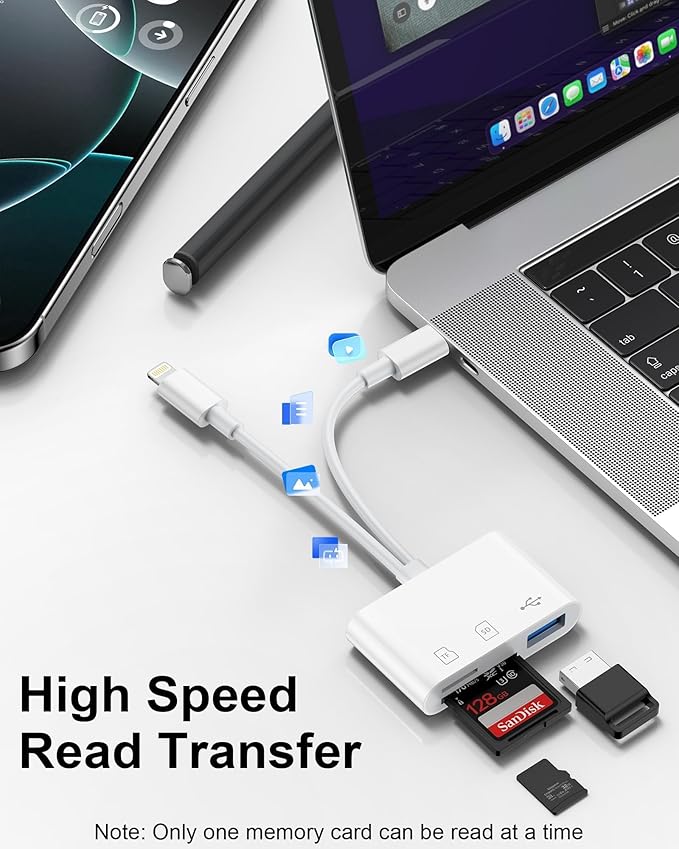 SD Card Reader for iPhone17/iPad/Mac, USB C and Lightning Dual Port Memory Card Adapter, 3-IN-1 Camera SD Card Viewer Support SD, Micro SD, USB 3.0 Slot, Digital Camera Adapter for Samsung and Android