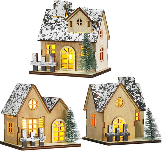 Toyvian Christmas Village Houses Decor - Set of 3 Glowing Wooden Houses with Lights | Holiday Table Centerpieces
