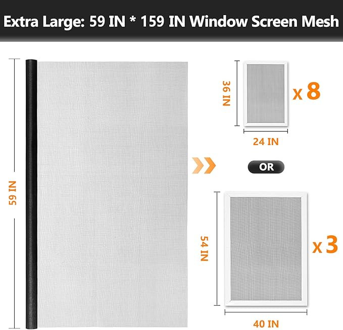 Secopad Window Screen Door Repair Kit, 59" x 159" Screen Door Mesh Replacement Kit, Durable Fiberglass Mesh Roll with Tools for Windows Doors Patio and Porch Replacement, Black