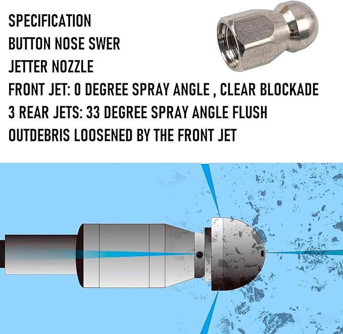 Xiny Tool Sewer Jetter Kit for Pressure Washer 200FT, 4000 PSI Drain Cleaner Hose 1/4 Inch NPT, Corner Rotating and Button Hose Sewer Jetting Nozzle Pearl Corsage Pin Tape Handle Strap Spanner, Blue