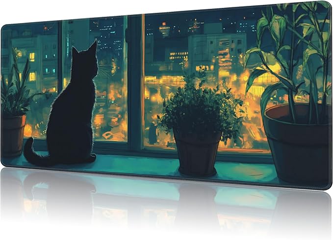 NIYLYNSYN Mouse Pad Large Cat Sitting on The Windowsill Non-Slip Game Desk Mat with Stitched Edge Laptop Keyboard Desk Pad for Work Home Gaming (35.4 x 15.7 Inches)