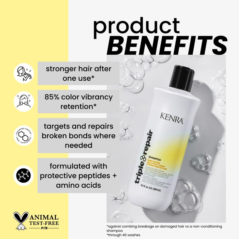 Kenra Professional Triple Repair Shampoo | Targets & Repairs Weak or Broken Bonds | Split Ends | Damaged Hair | Bond Builder | Sulfate-Free | 33.8 fl. oz.