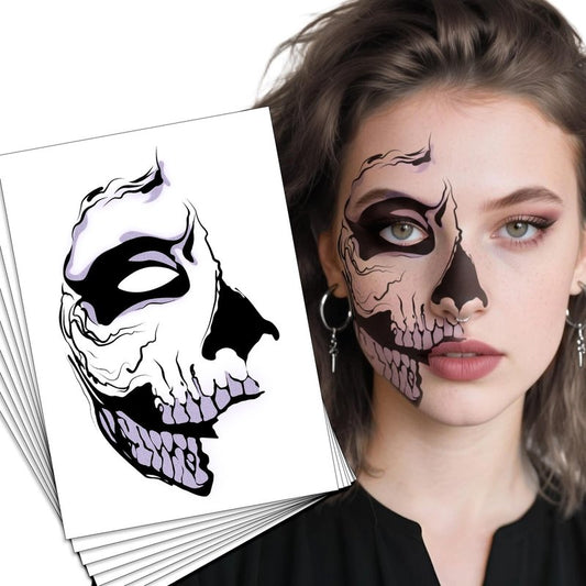 Halloween Scary Ghost Temporary Makeup Stickers Half Face Tattoo Patches Skeleton Eyeshadow Eyeliner Tattoos Zombie Decorations for Women Men Prank Cosplay Makeup Decals