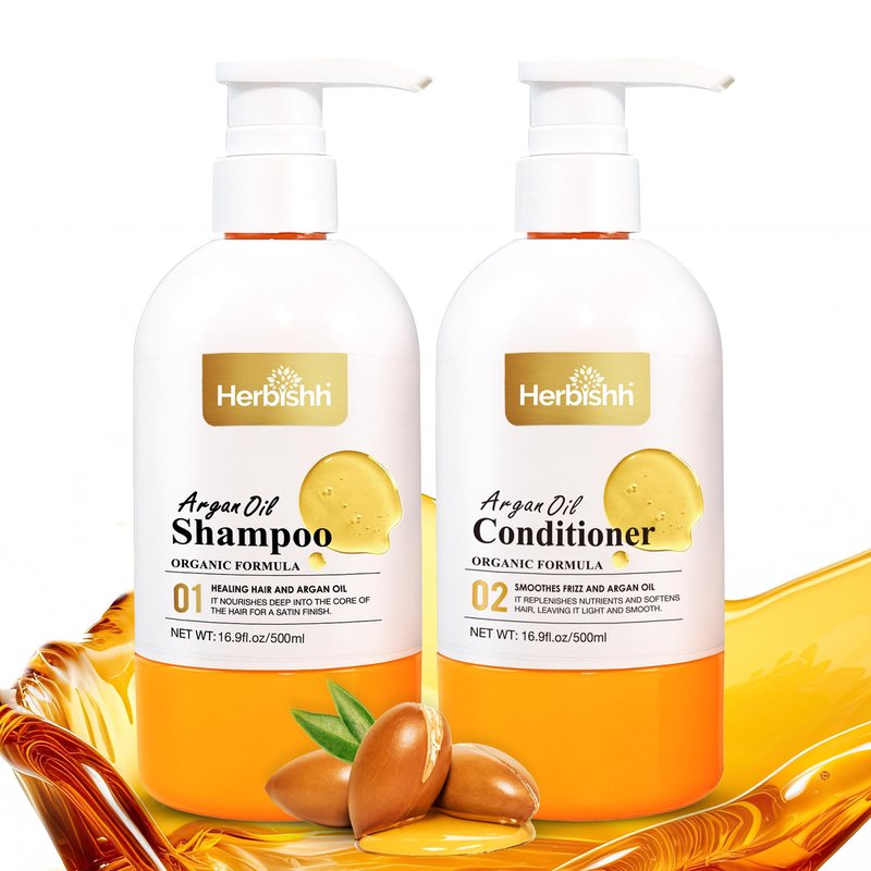 Herbishh Argan Oil Shampoo & Conditioner Set, Deep Cleansing Formula for Dry & Frizzy Hair, Helps Nourish Damaged Color-Treated Hair with Shea Butter, Jojoba & Coconut Oil, 16.9 fl oz Each