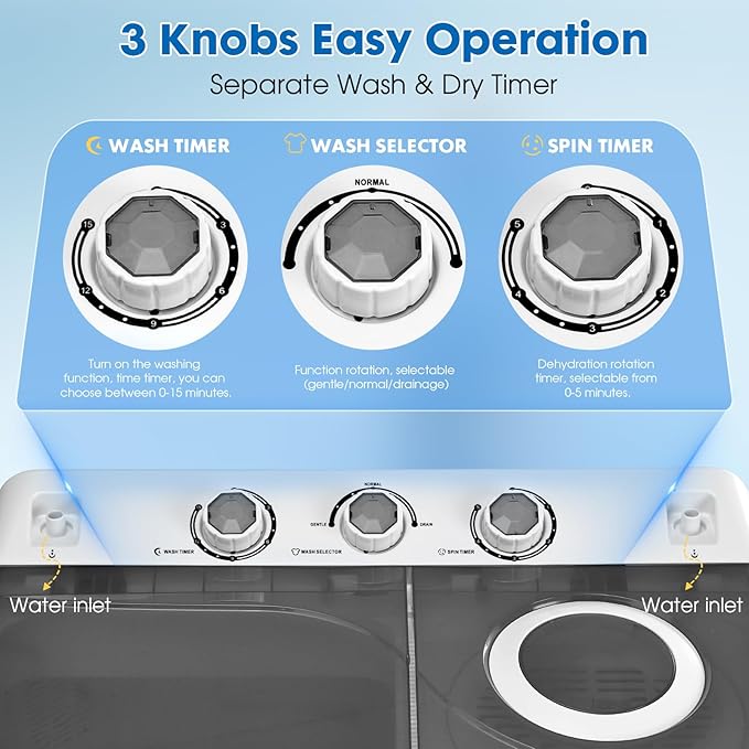 Portable Washing Machine Twin Tub - 28lbs Compact Washer(18lbs) and Dryer(10lbs) Combo with Drain Pump - Mini Laundry Machine for Apartments, Dorms, RVs, and Camping - Grey