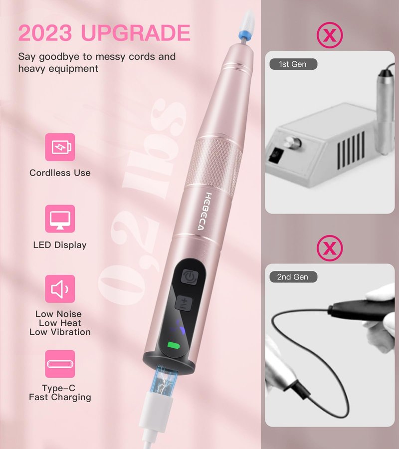 HEBECA Cordless Nail Drill Set, Electric Nail Files and Buffers Drill Nails for Natural or Acrylic Gel Nails - Rechargeable Nail File Nail Drill Machine Manicure Nail Dremel Kit (Gold)