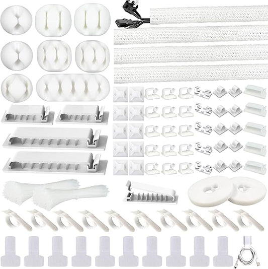 DRIVUU White Cable Management Organizer Kit 4 Cable Sleeve Split,47Cable Clips 12Cord Clips Holder,22 Cable Ties, 20 Adhesive Wall Cable Tie, 200Fasten Cable Ties for TV Electronics