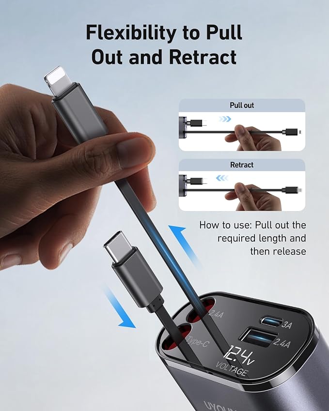 iPhone Car Charger, Retractable Fast Car Phone Charger 100w for CarPlay, 4 in 1 Car Charger Adapter with 2 Cables 31.5 Inch and 2 USB Ports, Compatible with iPhone 17/16/15/14/13/12/11 Pro/Samsung