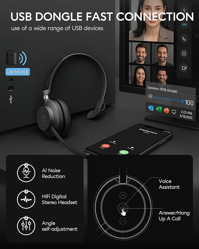 Rownfusny Bluetooth Headphones Wireless Headset with Mic for Work-V5.3 Computer Headsets with Noise Reduction Microphone, 2.4Ghz USB Dongle & Mute Button for PC, Laptop, Office, Home