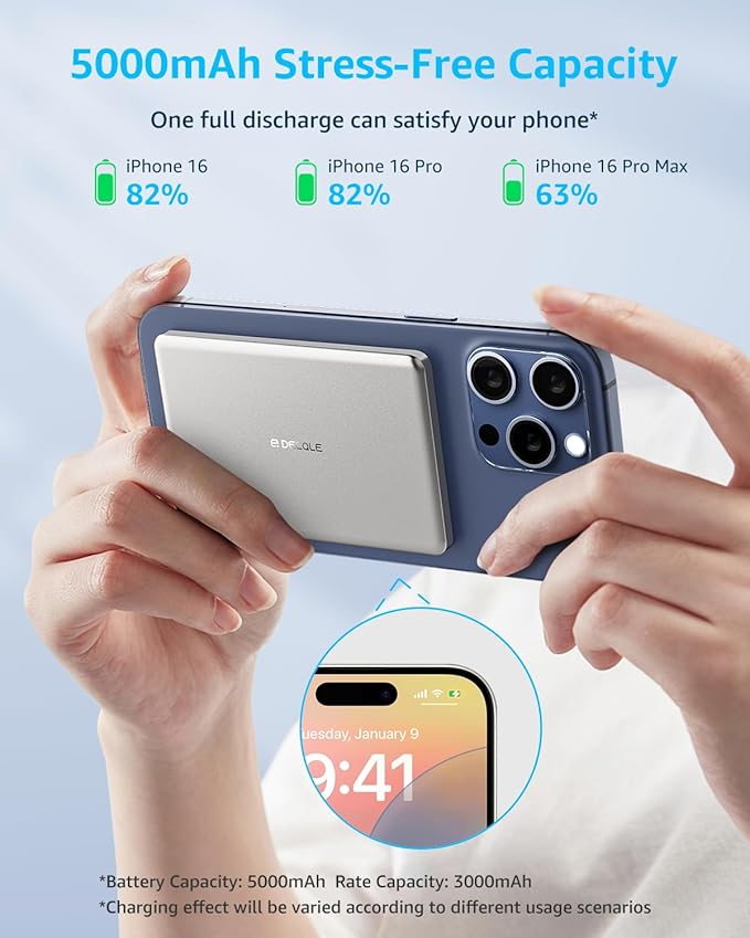 decqle “Air” Power Bank for MagSafe 5000mAh, Ultra Slim Magnetic Wireless Portable Battery Charger Case with USB-C Cable, Compatible with iPhone 17/16/15/14/13/12 Series Only (Sliver) USA1