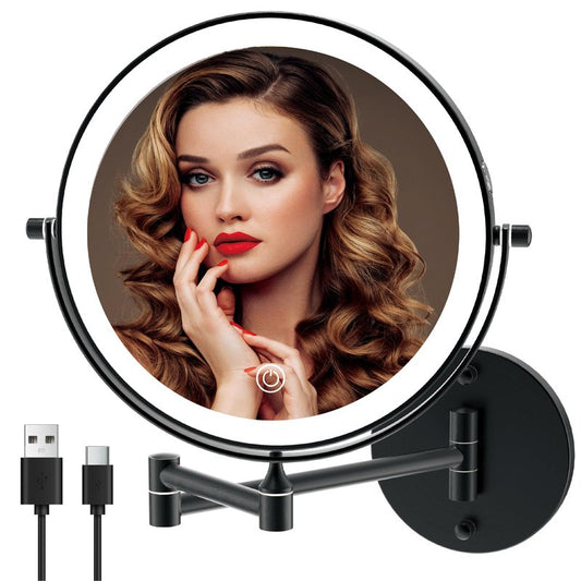 MIROAMZ Rechargeable Wall Mounted Lighted Makeup Vanity Mirror 8 Inch Double Sided 1X 10X Magnifying Bathroom Mirror, 3 Color Lighting, Touch Screen Dimming, 360 Rotation Shaving Matte Black