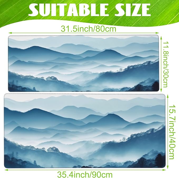 Eflxamz Large Gaming Mouse Pad for Desk,Mountain Desk Mat,Misty Forest Mountains Desk Pad,Extended Big Computer Keyboard Mouse Pad with Non-Slip Base and Stitched Edge,31.5"x11.8"