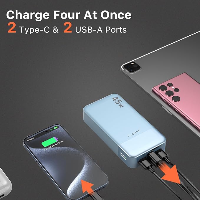 JUOVI Power Bank, 20000mAh 45W Portable Charger, PD3.0 QC4.0 Fast Charging with LED Display, 2 USB-C, 2 USB-A, Battery Pack for iPhone 15 14 13 Series, MacBook, Galaxy, iPad, and More (Blue)