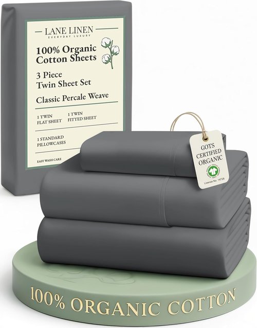 LANE LINEN 100% Organic Cotton Twin Bed Sheet Set - Soft, Comfy, Naturally Cooling Percale Weave | Charcoal Color