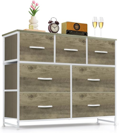 Greige Oak 7-Drawer Dresser by [Brand Name] - Anti-Tip Storage Organizer for Bedroom & Living Room