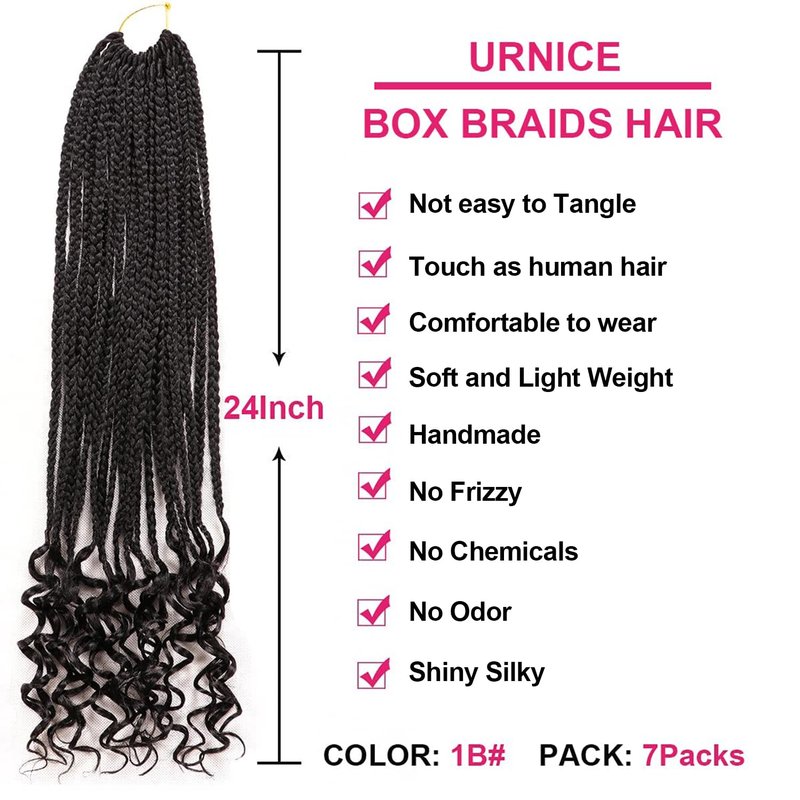 7 Packs 24 Inch Boho Goddess Box Braids Crochet Hair for Black Women (1B#, 24 Inch (Pack of 7))