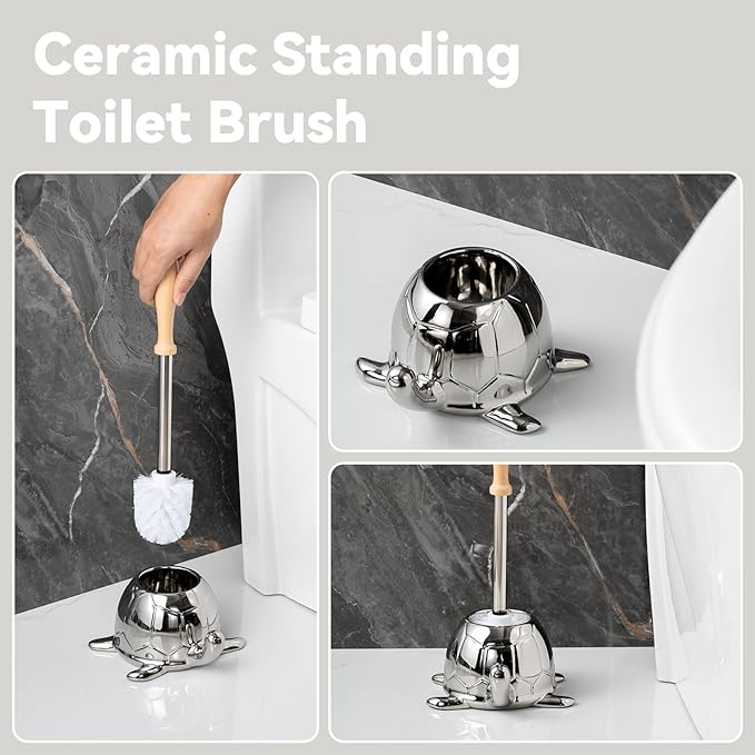 Toilet Brush and Holder Set, Ceramic Turtle Base Toilet Brush Set - 7.5â Bowl Cleaner, Toilet Scrubber Brush with Ergonomic Handle (Silver)