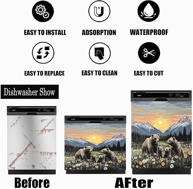 Dishwasher Magnet Cover Panel Sunset Garden Bears Refrigerator Magnetic Stickers Oil Painting Style Brown Bear Magnetic Dishwasher Decals for Home Kitchen Decor 23" x 17"(Magnetic)