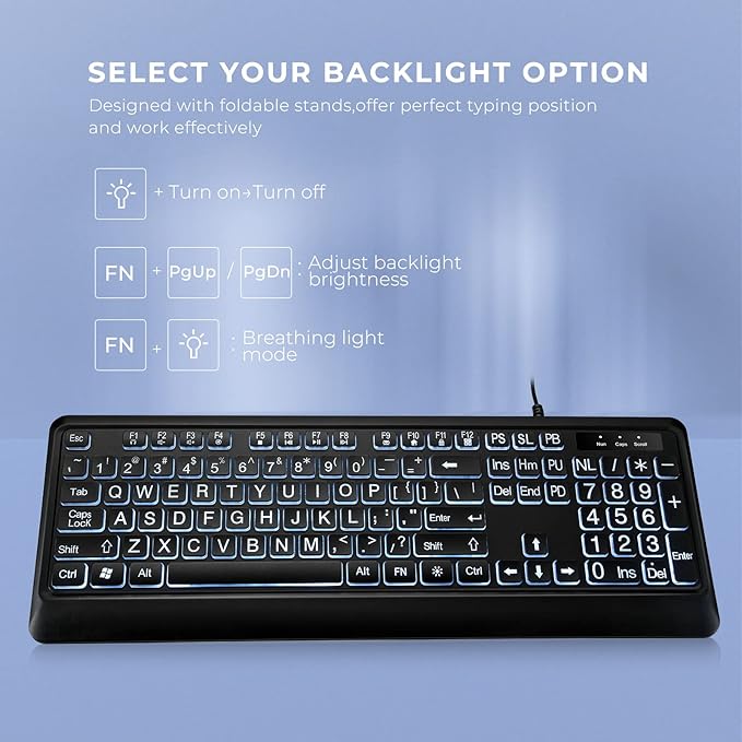 KOPJIPPOM Large Print Backlit Keyboard, USB Wired Computer Keyboard, Full Size Keyboard with White Illuminated LED Compatible for Windows Desktop, Laptop, PC, Gaming, Black